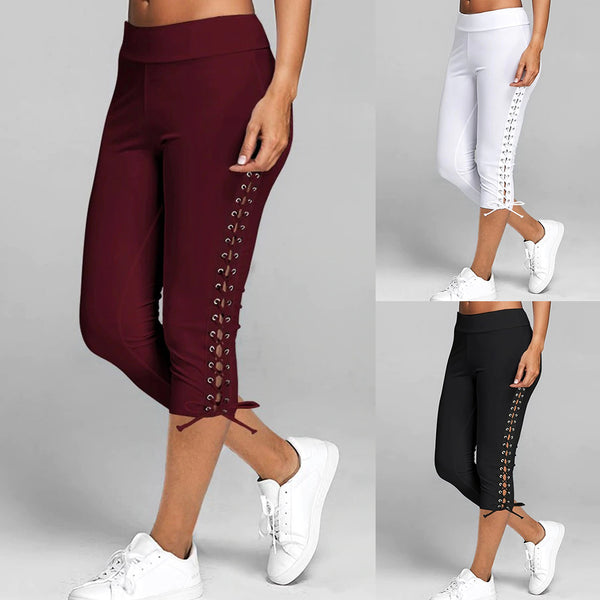 Vertvie Casual Women Yoga Leggings Lace-up Elastic Leggings Solid Seamless Gym Fitness Pants High Waist Sports Yoga Pants