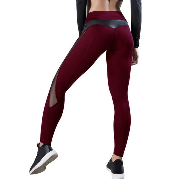 Fashion Women Mesh Leather Leggings Fitness Workout Patchwork Running Stretch Yoga Leggings HIgh Waist Slim-Fiting Sweatpants